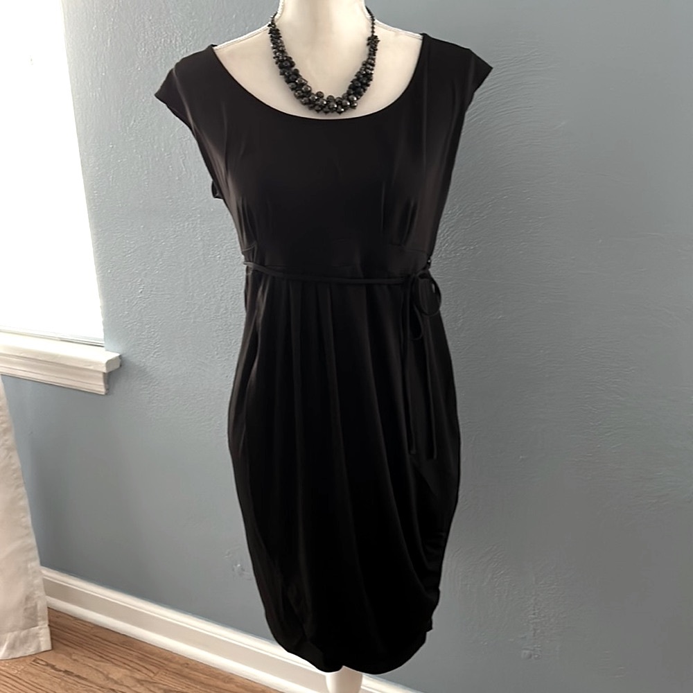 Motherhood maternity dress black, scoop neck, ruched bottom, cap sleeve